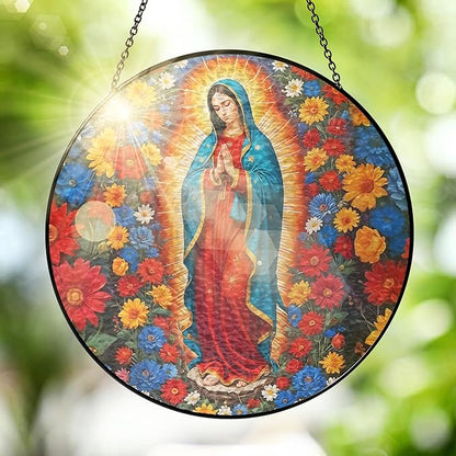 FLAGWIX Christmas Christian Gifts for Women - Virgen De Guadalupe Stained Glass Window Hanging 10 in - Christian Religious Gifts for Women Mom, Our Lady of Guadalupe Sun Catchers Indoor Window