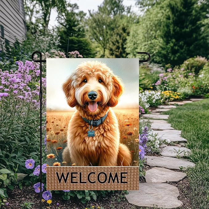 BlissYard Dog Welcome Garden Flag 12x18 Inch – Double-Sided Outdoor Yard Flag, Spring Summer Garden Decor for Lawn Porch Patio Backyard, Goldendoodle Dog Lovers Gift