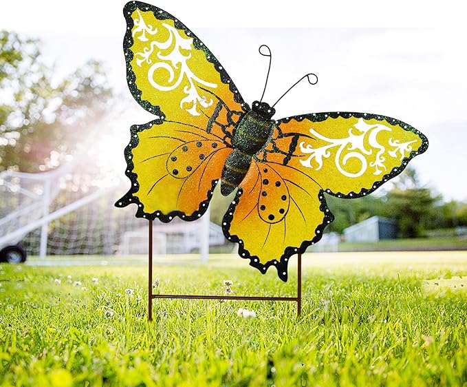 Linfevisi Metal Butterfly Garden Stakes Decor Spring Decorative Butterflies Yard Stake Lawn Ornaments Garden Decor Yard Art Decor Outdoor 18.5 Inch (Yellow)
