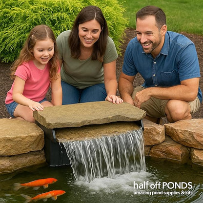 HALF OFF PONDS Filtering Waterfall Spillway Kit, 16-Inch Pond Waterfall Filter with Rock Lid and Lip, 2200 GPH Pump, 12.5 Foot Tubing, Outdoor Pond Filtering Waterfall System for Backyard Ponds