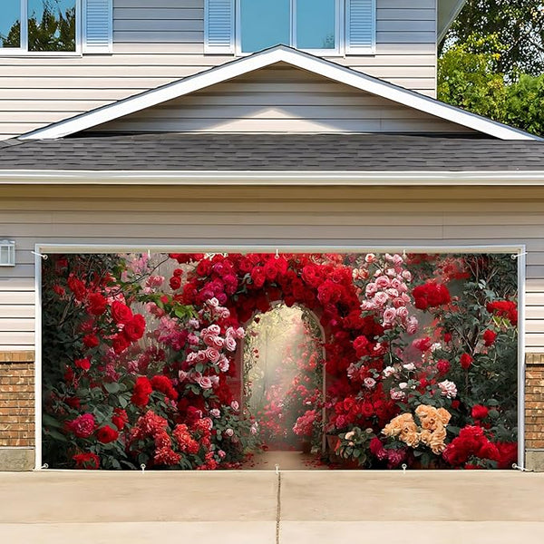 16x7ft Pink White Floral Arch Garage Door Banner - Blossom Tunnel Backdrop, Large Hanging 2 cars Garage Decorations - for Wedding & Baby Shower Welcome Background Sign, Spring Party Decor