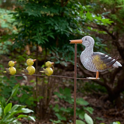 Red Carpet Studios Garden Art Balance Rocker Metal Garden Stake Yard Décor, 49” Tall, Grey Mother Duck with Yellow Ducklings