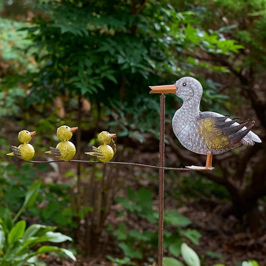 Red Carpet Studios Garden Art Balance Rocker Metal Garden Stake Yard Décor, 49” Tall, Grey Mother Duck with Yellow Ducklings