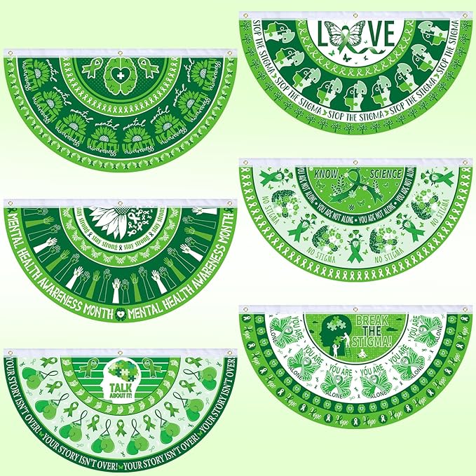 6 Pcs Mental Health Awareness Bunting Fan Flag Mental Health Garden Half Fan Banner Decoration for Mental Health Awareness Indoor Outdoor Yard Decor, 1.5 x 3 ft