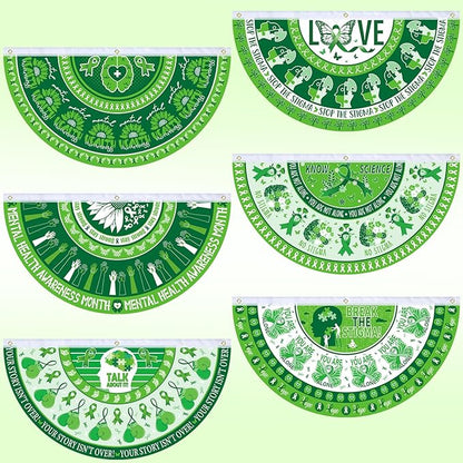 6 Pcs Mental Health Awareness Bunting Fan Flag Mental Health Garden Half Fan Banner Decoration for Mental Health Awareness Indoor Outdoor Yard Decor, 1.5 x 3 ft