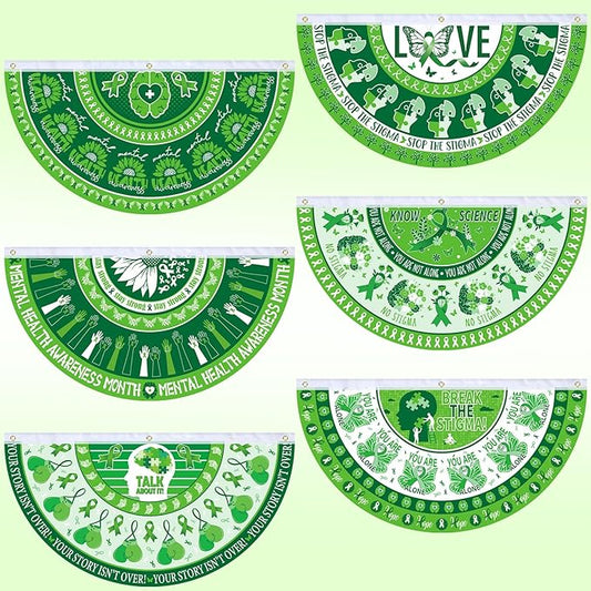 6 Pcs Mental Health Awareness Bunting Fan Flag Mental Health Garden Half Fan Banner Decoration for Mental Health Awareness Indoor Outdoor Yard Decor, 1.5 x 3 ft