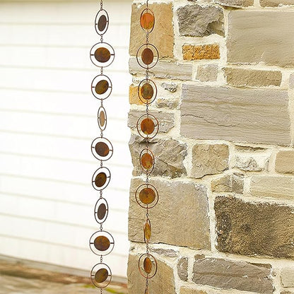 BestNest Ancient Graffiti Circle Rain Chains, Flamed Copper Colored, Pack of 2 – 96" Iron Downspout Alternatives with Linked Circles & Discs, Decorative Copper Finish, Includes Gutter Clips
