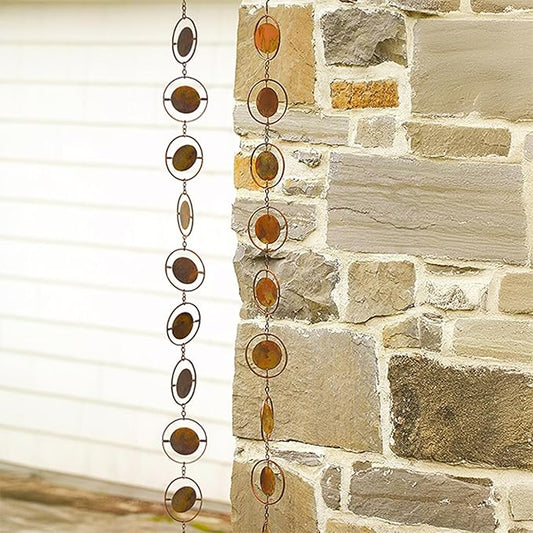 BestNest Ancient Graffiti Circle Rain Chains, Flamed Copper Colored, Pack of 2 – 96" Iron Downspout Alternatives with Linked Circles & Discs, Decorative Copper Finish, Includes Gutter Clips