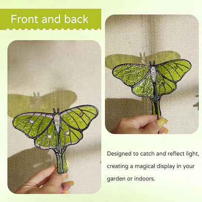 Lolitarcrafts Stained Glass Butterfly Suncatcher-Monarch or Luna Moth Design for Indoor and Outdoor Plant Decoration,Colorful Glass Plant Pot Ornament, Plant Lovers Gifts (Green Luna Moth)