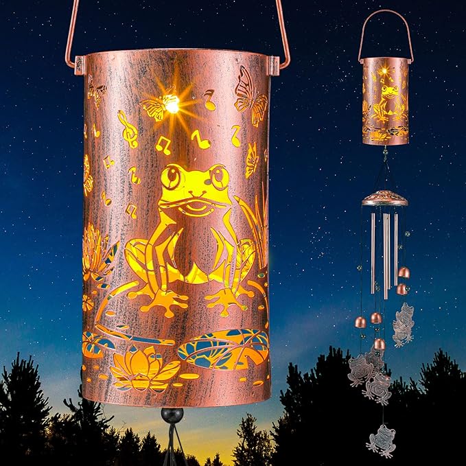 Retisee Frog Design Solar Wind Chimes Outdoor Metal Frog Gifts Solar Light Windchimes Outside Indoors Christmas Decoration Birthday Gift for Home Lawn Porch Patio Garden Yard