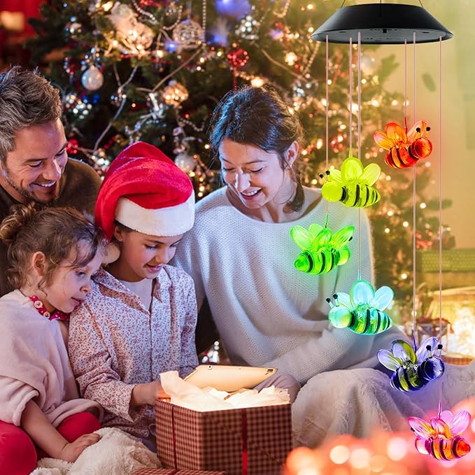 Solar Wind Chimes, Bee Wind Chimes Gifts for Mom Grandma Women Wife Girls, IP65 Waterproof Hanging Memorial Windchimes with 7 Color Changing LED Lights for Outside Garden Yard Decorations