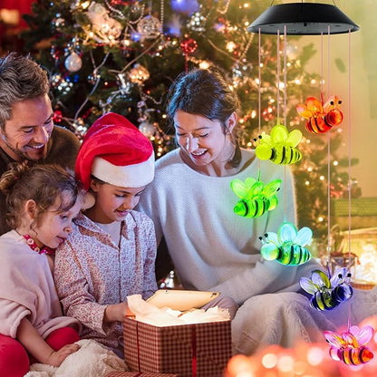 Solar Wind Chimes, Bee Wind Chimes Gifts for Mom Grandma Women Wife Girls, IP65 Waterproof Hanging Memorial Windchimes with 7 Color Changing LED Lights for Outside Garden Yard Decorations