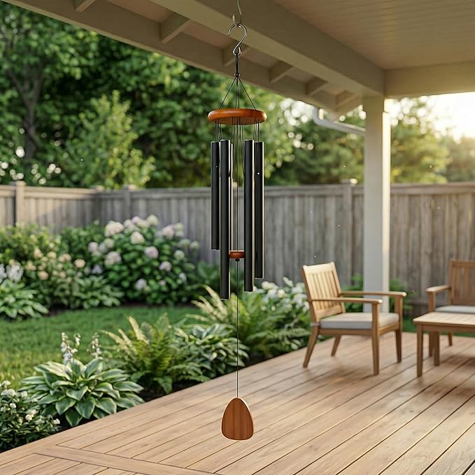 37 Inch Large Wind Chimes for Outside, Deep Tone Black Aluminum Wind Chime with 6 Tubes, Memorial Sympathy Gift for Mom, Garden Patio Outdoor Decor, DIY Personalizable Windchime