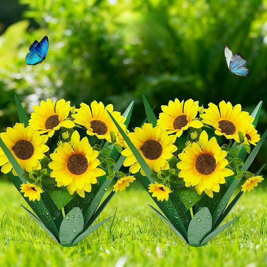 DDQ Metal Agave Plant Outdoor Decor with Artificial Flowers, Mexican Style Garden Sculpture, Waterproof Yard Art for Patio Lawn, Multiple Flower Options (Green Agave + Sunflower/Red/Yellow/Purple)