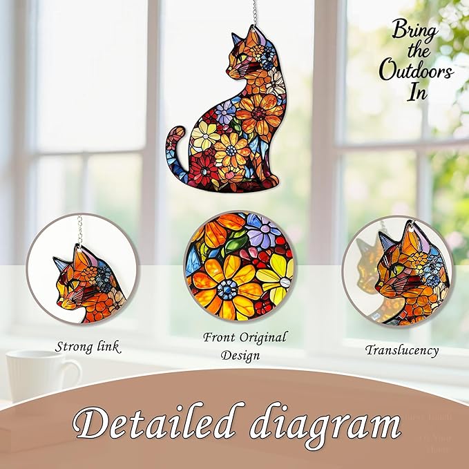 Cat Stained Glass Suncatcher Window, Hanging Sun Catchers Indoor Window, Suncatcher for Mom/Women (Black Cat)