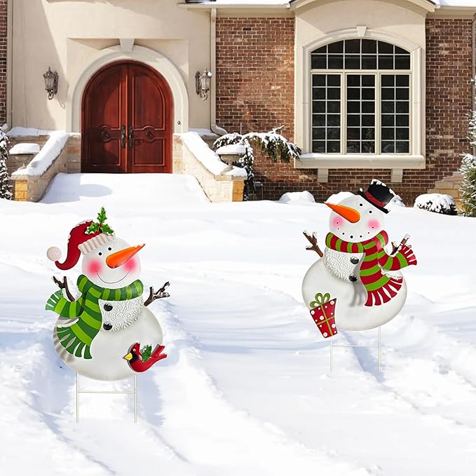 Outdoor Christmas Decorations,2 Pack Snowman Garden Stakes Decoration, Metal Holiday Yard Art, Winter Outdoor Decor, Metal Garden Lawn Decor for Xmas Pathway Patio