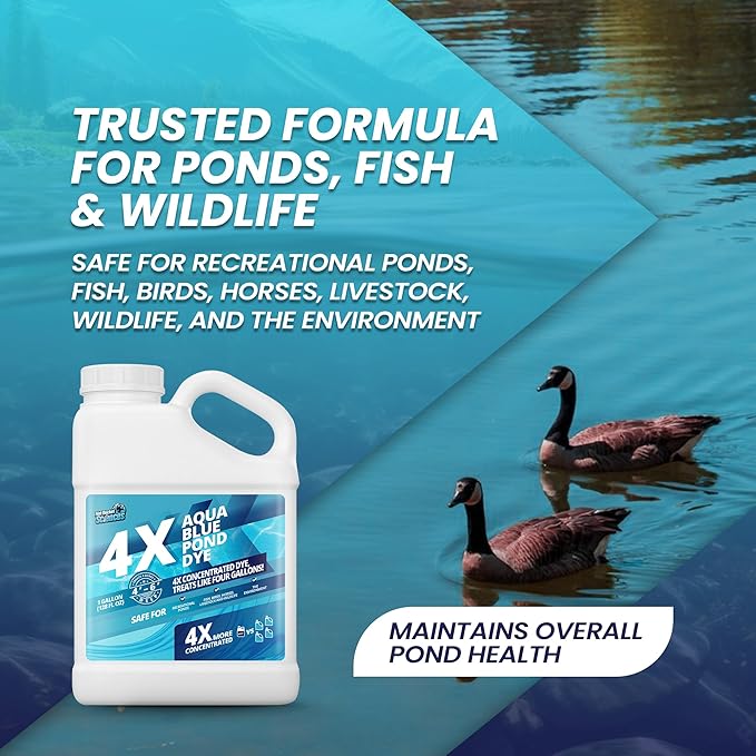 1 Gallon Aqua Blue Pond Dye 4X Concentrate, Lake & Pond Dye Blue for Aqua Colored Water, Ideal Lake Colorant, Aquashade Colorant that Protects Against Sunlight - Ideal for Fish and Wildlife