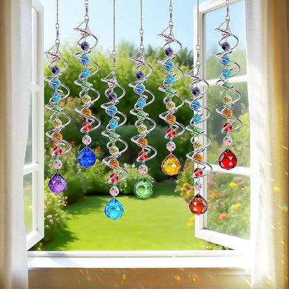 H&D HYALINE & DORA 7 Pack Crystal Suncatchers for Windows Hanging Gazing Ball Spiral Tail Wind Spinners Stainless Steel Hanging with Swivel Hook for Yard and Garden Indoor Home Decor