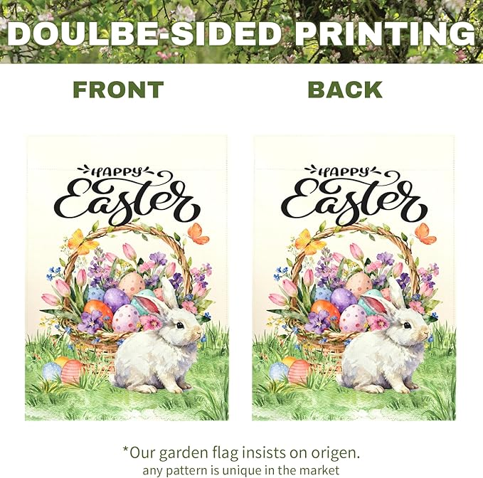 Happy Easter Garden Flag with Bunny Basket Spring Tulips Wildflowers Eggs Cute Rabbit Yard Flags Double Sided Welcome Spring Easter Houde Banner for Porch Lawn Patio Holiday Décor 12 x 18 In