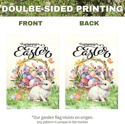 Happy Easter Garden Flag with Bunny Basket Spring Tulips Wildflowers Eggs Cute Rabbit Yard Flags Double Sided Welcome Spring Easter Houde Banner for Porch Lawn Patio Holiday Décor 12 x 18 In