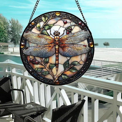 DASTOLL Stained Glass Window Hanging - Dragonfly Plant Suncatcher Ready to Hang Window Doors Home Decoration, Christmas, Mother's Day Birthday Gifts for Women, Men, and Mom 14.9x14.9 in