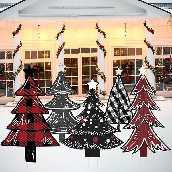 5 PCS Christmas Tree Yard Signs - Outdoor Lawn Sign Decorations with Stakes for Xmas Winter Party Porch Lawn Walkway Decor