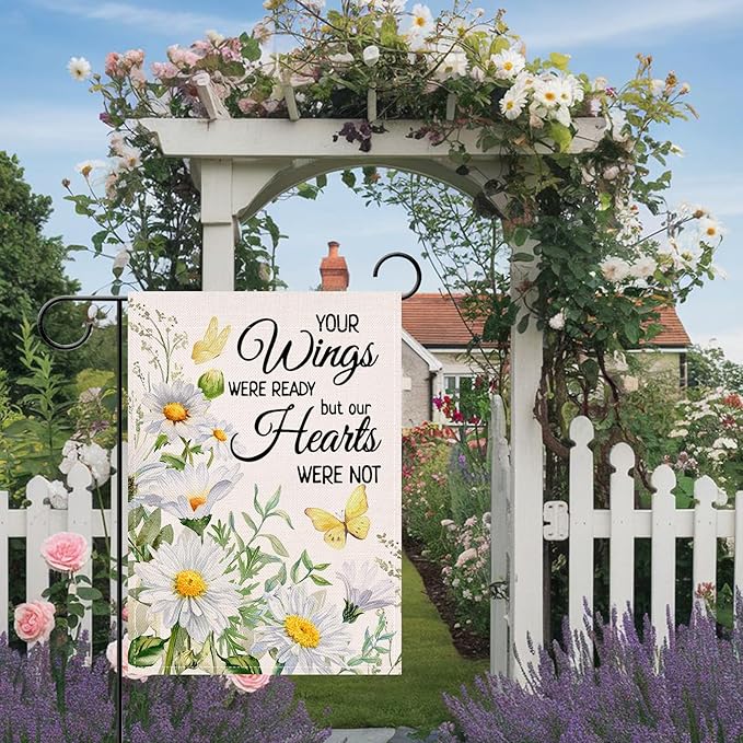 Artofy Memorial Daisy Flower Small Decorative Garden Flag, Your Wings Were Ready Floral Butterfly Cemetery Yard Lawn Outside Decor, Spring Summer Burlap Outdoor Home Decoration Double Sided 12 x 18