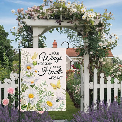 Artofy Memorial Daisy Flower Small Decorative Garden Flag, Your Wings Were Ready Floral Butterfly Cemetery Yard Lawn Outside Decor, Spring Summer Burlap Outdoor Home Decoration Double Sided 12 x 18
