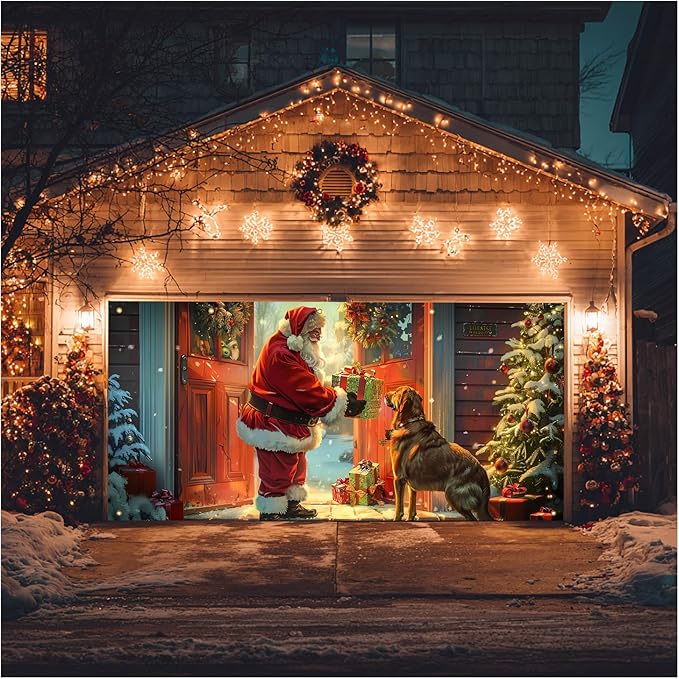 HOMETITUTE Christmas 13x6ft Garage Door Banner Santa Claus Dog Gift Scene Winter Night Holiday Porch Backdrop Indoor Outdoor Wall Background Decor Festive Family Celebration Display Party