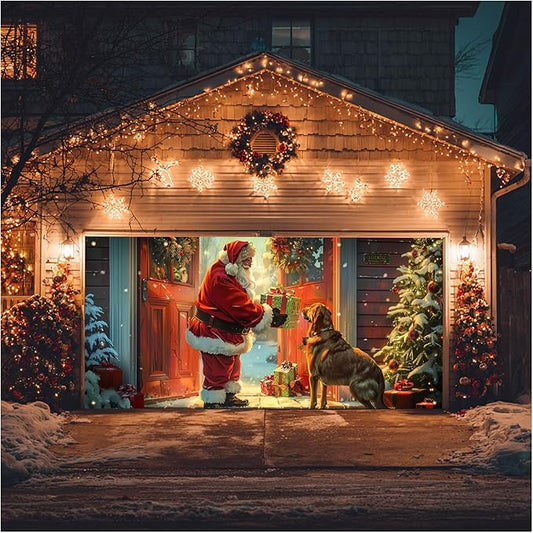 HOMETITUTE Christmas 13x6ft Garage Door Banner Santa Claus Dog Gift Scene Winter Night Holiday Porch Backdrop Indoor Outdoor Wall Background Decor Festive Family Celebration Display Party