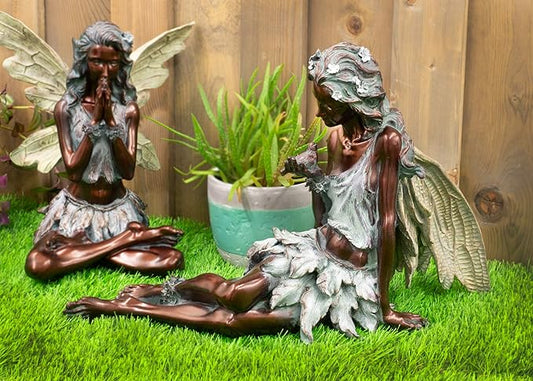 Napco Imports Weathered Bronzetone Sitting Fairy with Bird 12 x 19 Resin Stone Outdoor Garden Statue