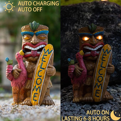 Solar Tiki Statue Outdoor Decor - Tiki Surfboard Welcome Sign Flamingo Waterproof Figurines for Tiki Bar,Patio,Balcony,Yard,Lawn Decorations,Gardening Gift for Tiki Lover