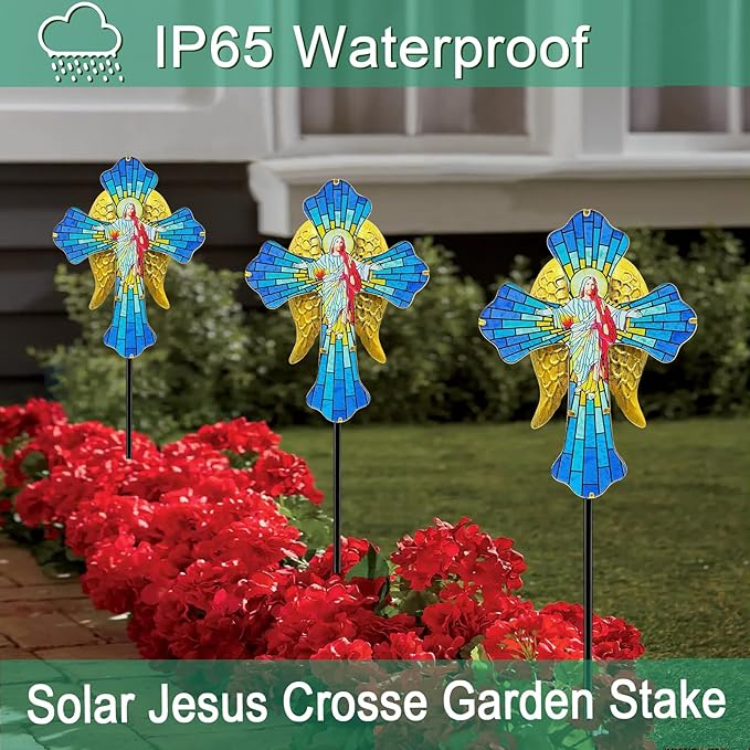 WAIU Solar Cross Garden Stake Lights, Metal Angel Wing & Acrylic Jesus Cross, Waterproof Outdoor Memorial Decor for Remembrance Gifts & Sympathy Gifts.