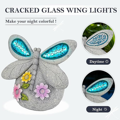 Solar Dragonfly Garden Decor with Cracked Glass Wings, Outdoor Resin Dragonfly Statue with Solar Light for Patio, Lawn, Yard Ornament Eco-Friendly Housewarming Gift for Women