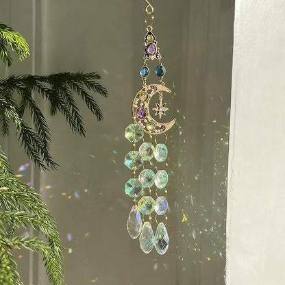 Crystal Sun Catchers for Windows, Gold-Plated Hanging Sun Catcher with Prisms - Rainbow Maker for Indoor Outdoor Garden Decor, Boho Light Catcher Gift for Home (Moon)