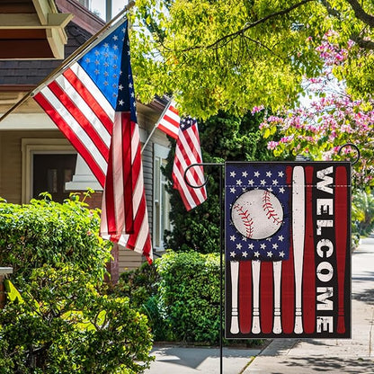 Welcome July 4th Baseball Patriotic Decorative Garden Flag, Red White Bat America USA Independence Day Yard Outside Decorations, Stars American Outdoor Small Home Decor Double Sided 12 x 18