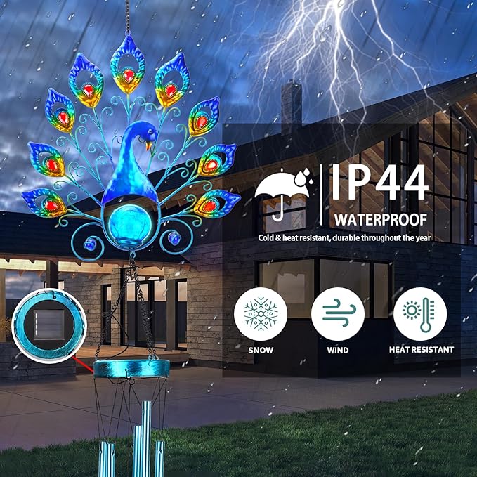Outdoor Solar Wind Chimes, Metal Large Peacock Wind Chimes LED Lights Cracked Glass Ball Wtaerproof Garden Decorative Lights for Patio Yard Home Decor Gifts (Peacock)
