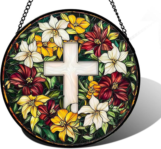 DASTOLL Stained Glass Window Hanging, Cross Flowers Sun Catchers Colorful Glass Panel Christianity Suncatcher Decor for Birthday for Women, Men, Wife, Aunt, and Mom 7.8 in