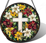 DASTOLL Stained Glass Window Hanging, Cross Flowers Sun Catchers Colorful Glass Panel Christianity Suncatcher Decor for Birthday for Women, Men, Wife, Aunt, and Mom 9.8 in