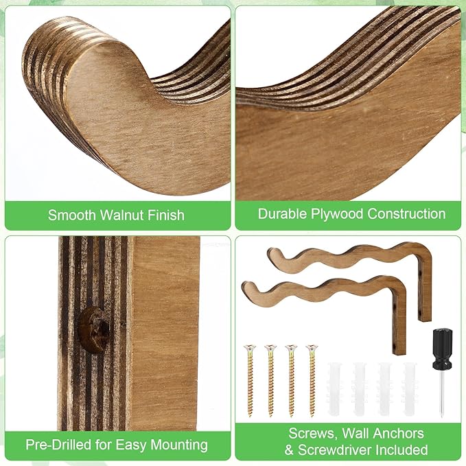 2 Pack Wooden Wall Plant Hangers, 12 Inch Wavy Hanging Plant Hooks Walnut Color Hanging Brackets for Indoor Outdoor Flower Pots, Wind Chimes, Lanterns, Bird Feeders
