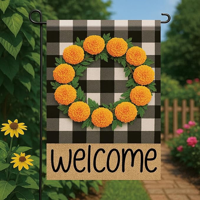 Buffalo Plaid Welcome Wreath Garden Flag Marigold Flower Flag 12x 18 Inch Double Sided Fall Outdoor Yard Decor for Porch Patio Lawn Farmhouse Decoration Fall Autumn Small Decor