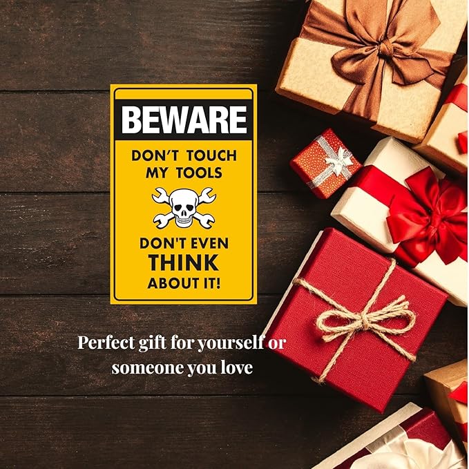 Funny Beware of Dog Sign Private Property No Trespassing Warning Signs, Beware don't touch my Tools, Yard Sign Garage Farm Garden Wall Decor Sign Plaque Outdoor for Home Fence 8 X 12 Inches
