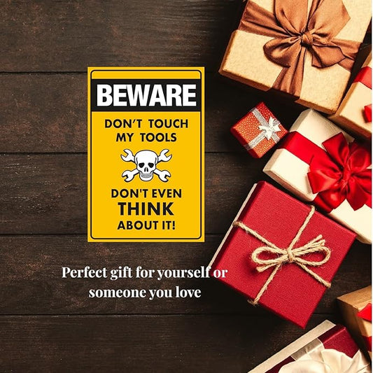 Funny Beware of Dog Sign Private Property No Trespassing Warning Signs, Beware don't touch my Tools, Yard Sign Garage Farm Garden Wall Decor Sign Plaque Outdoor for Home Fence 8 X 12 Inches