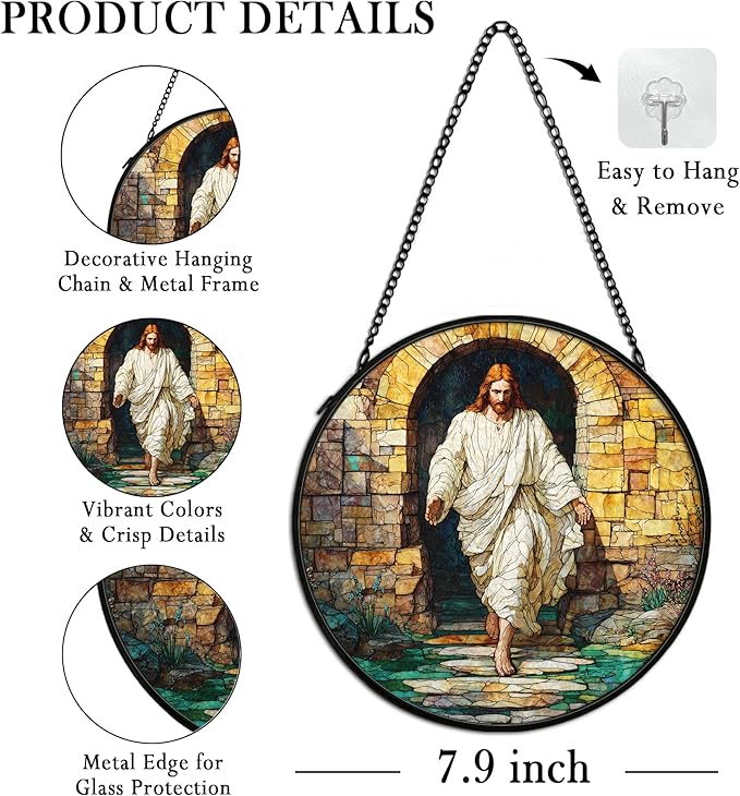 Easter Christian Empty Tomb Suncatcher Stained Glass Window Hanging Wall Decorations, Easter Christian Gifts for Women, Jesus He is Risen Sun Catchers Lawn Garden Window Hanging Art,7.9x7.9In