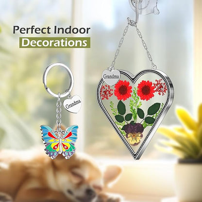 KY&BOSAM Heart Suncatcher for Windows Hangings Grandma Gift Stained Glass Butterfly Suncatcher Pressed Flower Between Heart in Glass Metal Engraved Charm Gift for Women Mother's Day Birthday Christmas