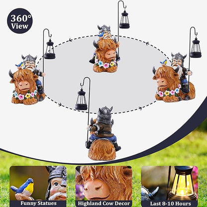 Garden Gnome Outdoor Statue Highland Cow Decor for Yard Patio Lawn Porch Birthday Gifts for Women Men, Mother’s Day, Housewarming with Solar Light Gnome Decor for Outside