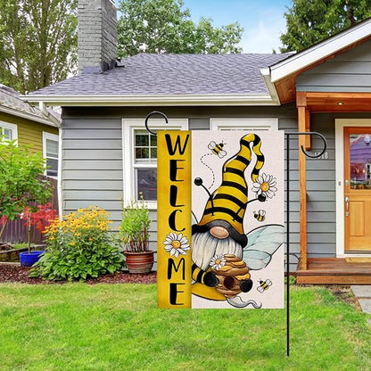 Welcome Spring Summer Bumble Bee Gnome Decorative Garden Flag, Honeycomb Daisy Flower Spring Yard Outside Decorations, Burlap Farmhouse Outdoor Small Home Decor Double Sided 12 x 18