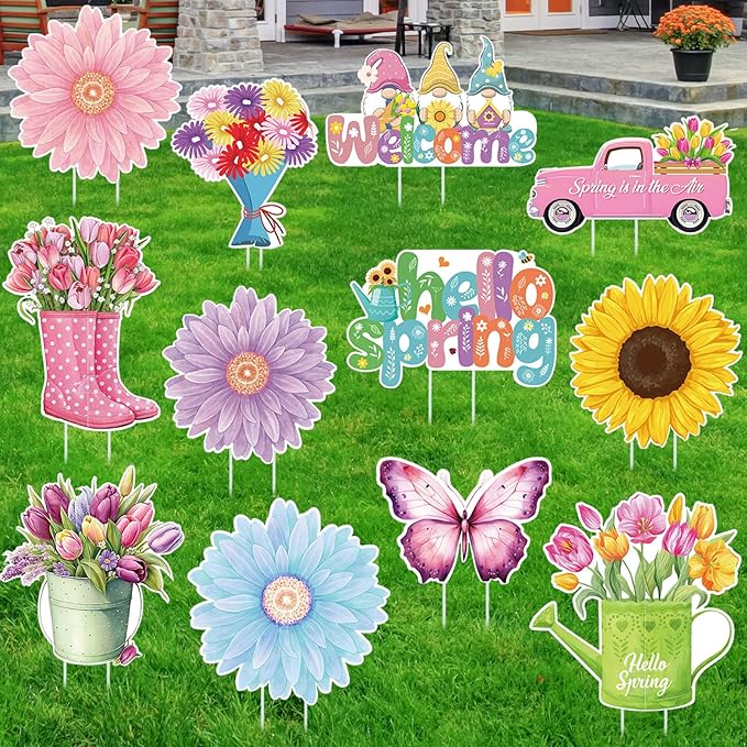 Amyhill 12 Pack Hello Spring Yard Decoration Outdoor Flower Garden Lawn Stake Signs with Stakes Waterproof Spring Garden Decor for Holiday Party Patio Lawn Walkway Outside (Retro Style)