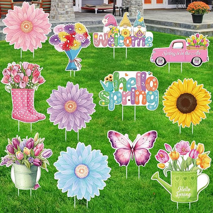 Amyhill 12 Pack Hello Spring Yard Decoration Outdoor Flower Garden Lawn Stake Signs with Stakes Waterproof Spring Garden Decor for Holiday Party Patio Lawn Walkway Outside (Retro Style)