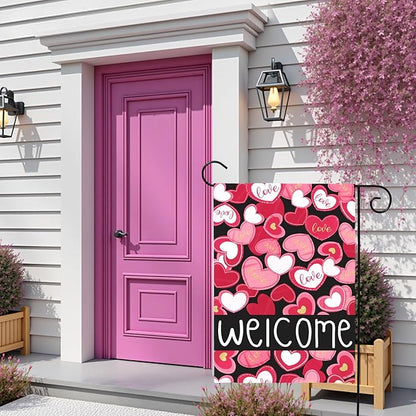 Valentines Day Garden Flag Welcome Love Heart Decorations Outdoor Yard Flags Romantic Red Pink Hearts Anniversary Holiday House Banners Seasonal Decor for Porch Patio Lawn Party 12×18 Inch